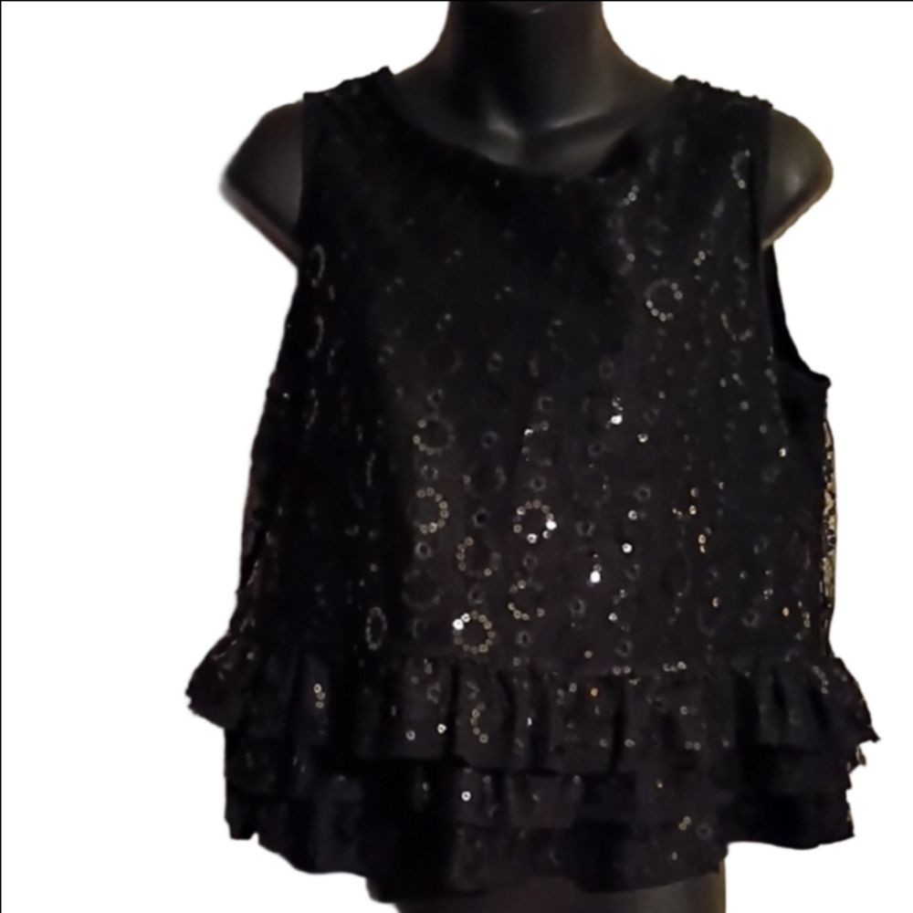 QMack Size Medium Elegant Black Sequin Ruffle Blouse. Perfect For The Holidays.